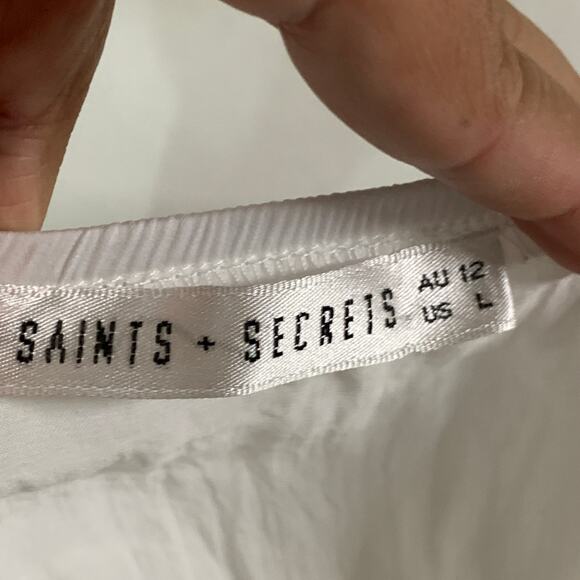 Saints Secrets L Womens White Ruffle Short Sleeve Tie Up Back Crop Top Boho - Picture 4 of 10